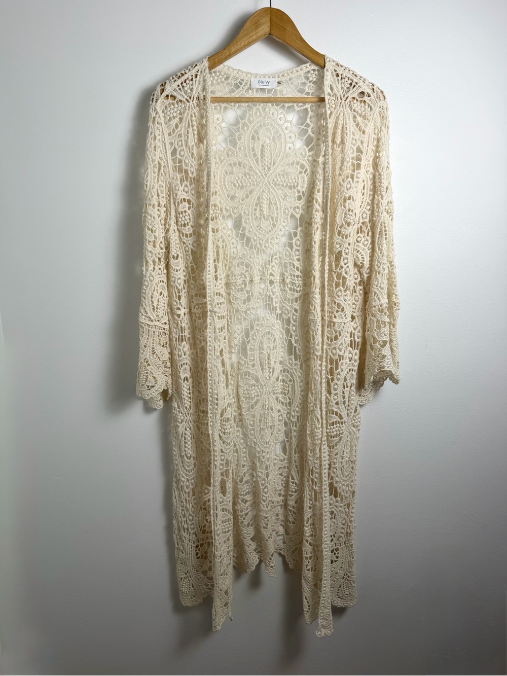 Cream Crochet Lace Maxi Duster Kimono Boho Cardigan L
